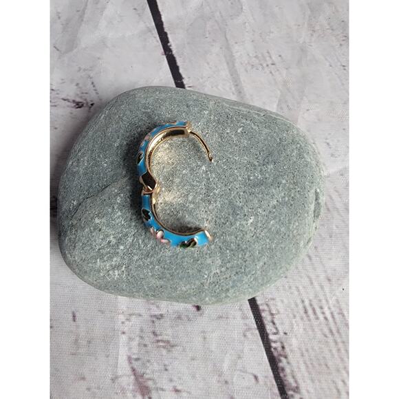 Vintage Brass Gold Tone Floral Flowers Cloisonne Hoop Earrings Blue Pink - Picture 7 of 7
